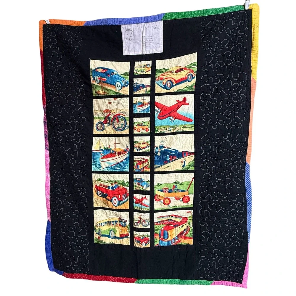 Retro Handmade Transportation Quilt Rainbow Patchwork Cars Trains Planes Blanket